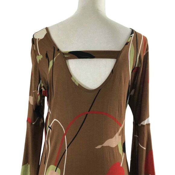 Vintage Womens Dress Size Small Tulip Print Boho Brown Bell Sleeve Open Back - Picture 9 of 10